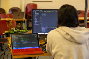 a person works at a computer